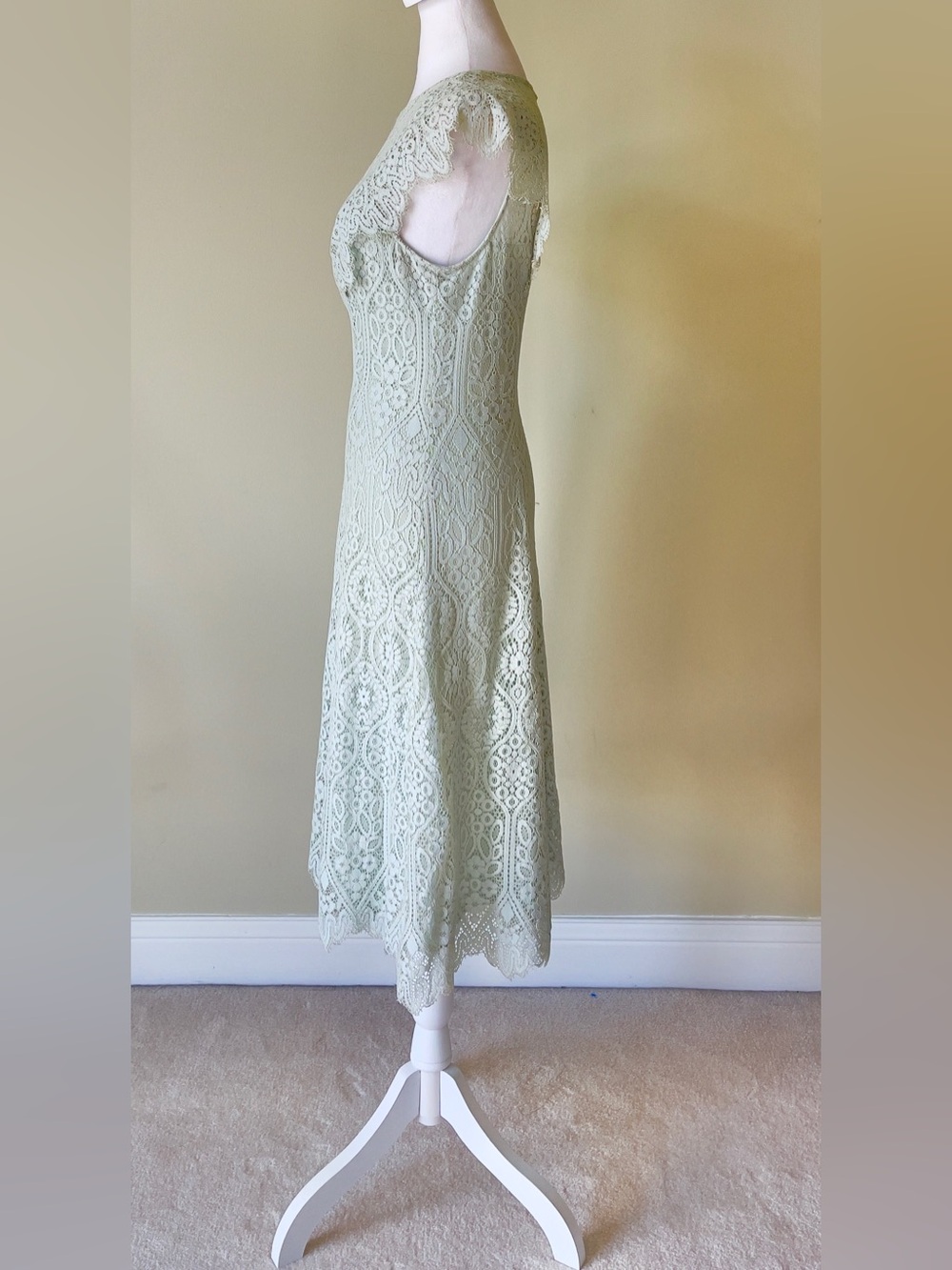 TAHARI Arthur S. Levine Soft Mint Green Scalloped Lace Illusion Yoke Dress 12P - Picture 2 of 6